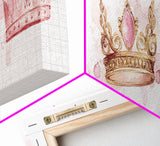 Framed Canvas Print of Elegant Crowns in Pink and Gold Perfect Gift Idea or Dorm Room Light Pink Wall Art with Royal Aesthetic
