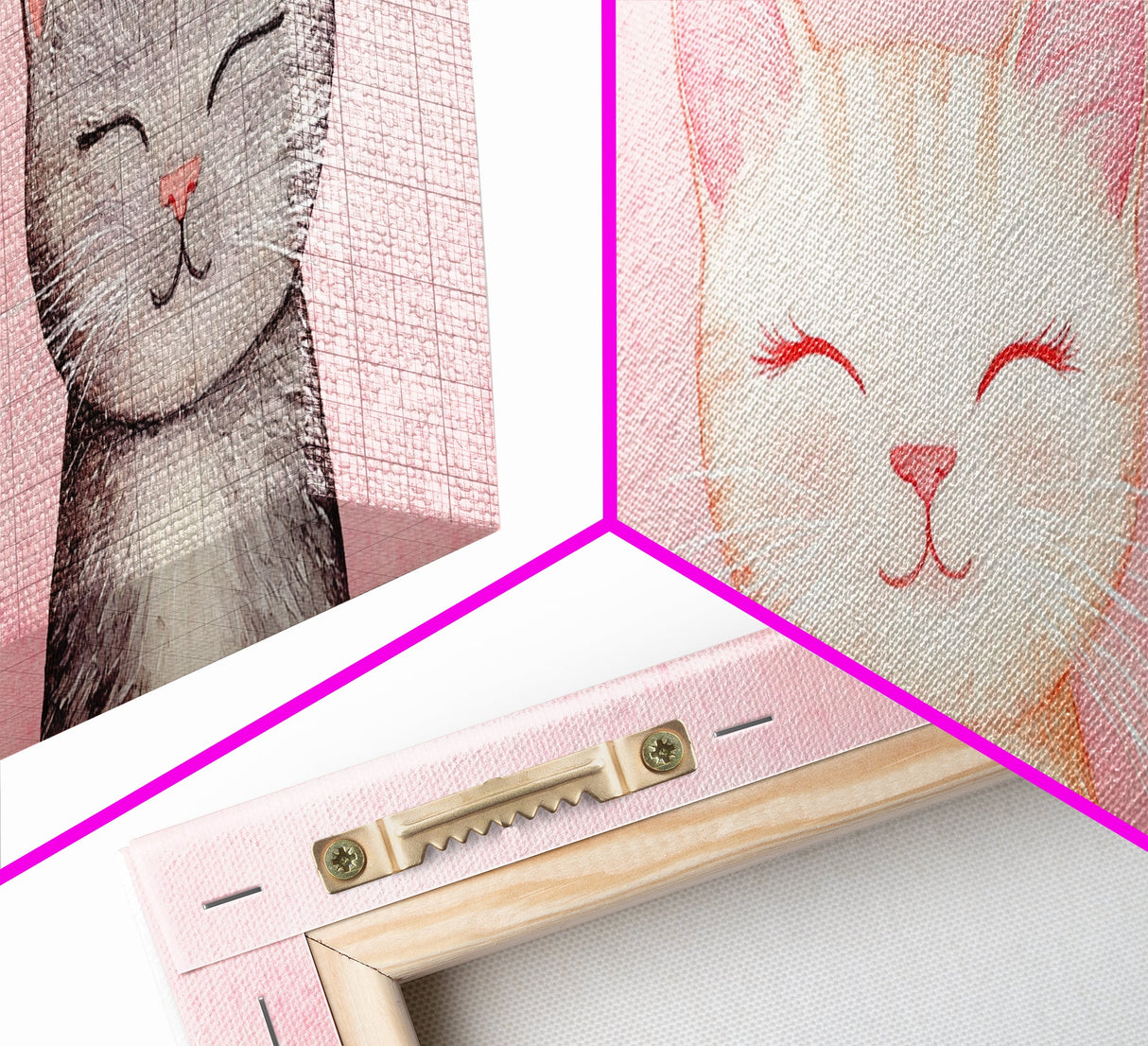 Framed Canvas Print of Whimsical Cat Portraits in Pink Shades Featuring Cute Wall Art for Pet Lovers’ Room or Playful Dorm Decor
