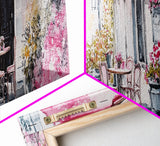 Parisian Cafe Cherry Blossom Painting Framed Canvas Print Extra Wide Art Horizontal Wall Art Rustic Above Sofa Decor