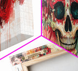 Vibrant Skull Art Framed Canvas Print, Dark Angels Wall Art with Floral Design, Skull and Rose Painting, Gothic Floral Home Decor, Boho Wall Art