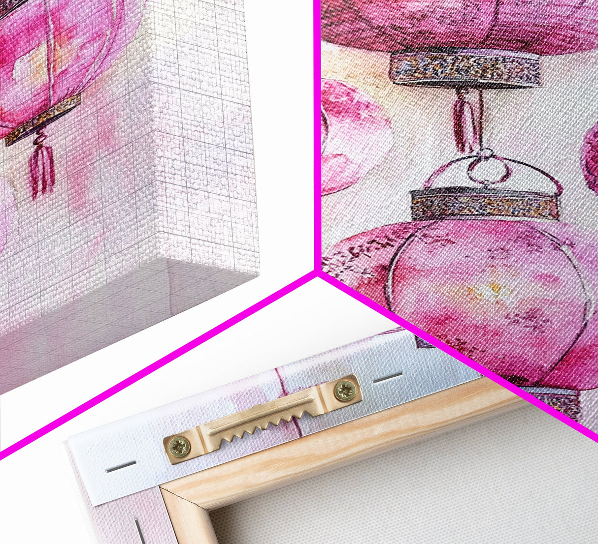 Pink Lanterns Framed Canvas Print, Chinoiserie Wall Art, Cozy Living Room Decor, Boho Aesthetic, Vertical Oriental Light Pink Wall Art