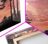 Starry forest scene painting on framed canvas print, forest at dusk painting, smoky mountain art, wabi sabi art, above couch decor
