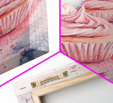 Pink frosted cupcake painting on framed canvas print, whimsical art, food review kitchen art, living room art, guest room decor