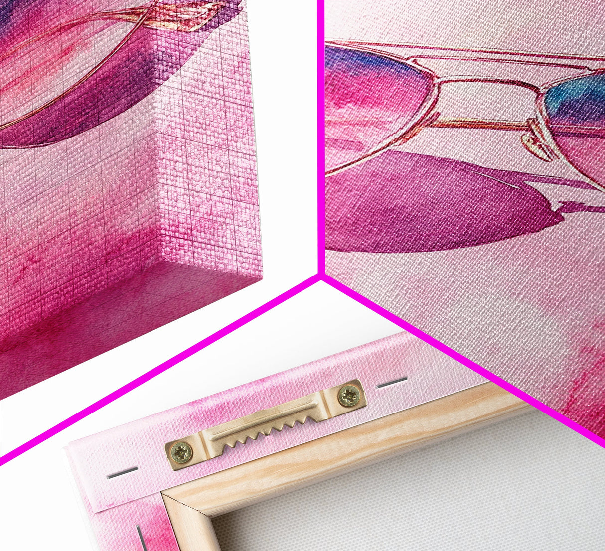 Stylish pink sunglasses painting featuring framed canvas print, pink wall art, boho art, above sofa art, modern living room decor