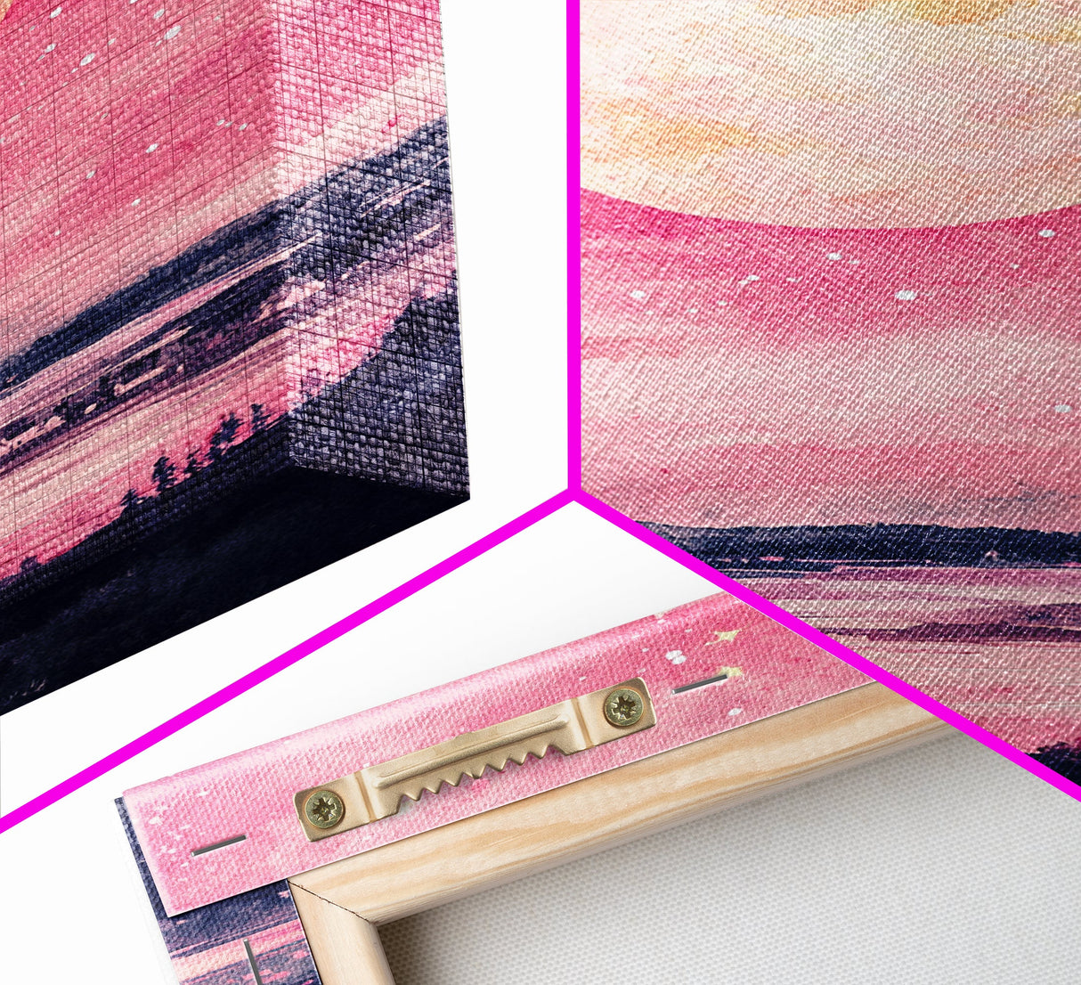Moonlit Sky over Lake Framed Canvas Print, Pink Night Landscape Painting Coastal Wall Art, Minimalist Bedroom or Guest Room Decor