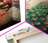 Peacock Canvas Print with Cherry Blossom Painting, Vibrant Oriental Art, Rustic Chinoiserie Wall Decor, Bold Statement Piece for Living Room