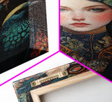 Goddess Art Framed Canvas Print Featuring Whimsical Floral Headdress and Bird Art, Boho Bedroom Art with Vibrant Chinoiserie Vibes