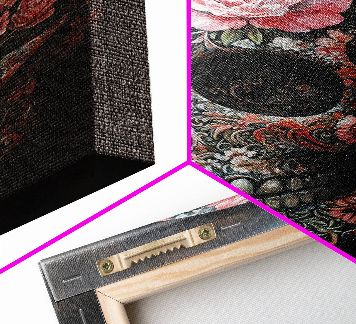 Skull Art Framed Canvas Print with Intricate Floral Patterns in Gothic Boho Style, Chinoiserie-Inspired Rustic Bedroom or Living Room Art