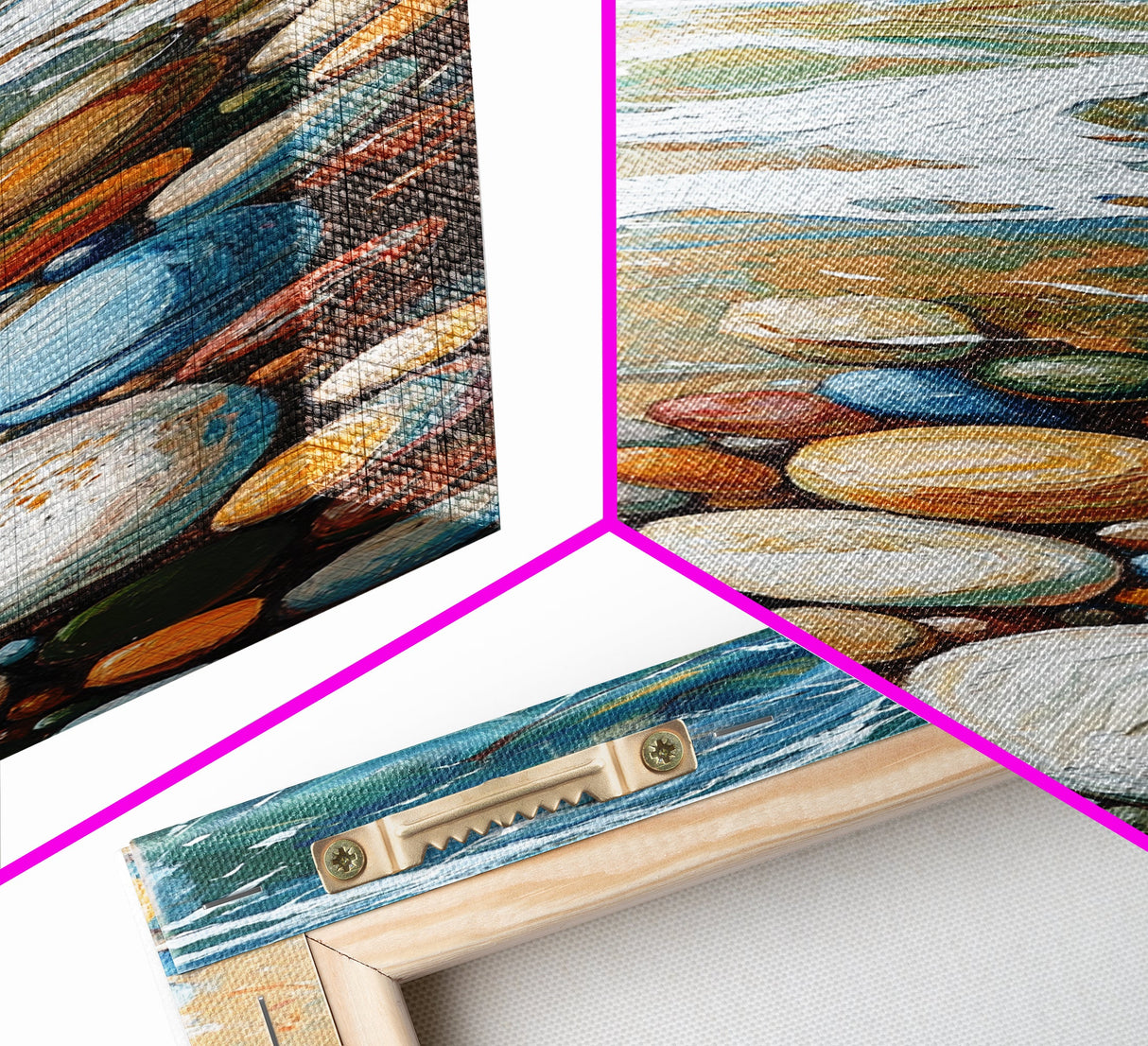 Pebble Beach Art, coastal painting, framed canvas print, beach house decor, nautical wall art, blue and green wall art