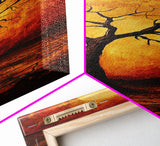 Sunset Tree, moody art, wabi sabi art, pine tree art, autumn painting, framed canvas print, dark romance painting