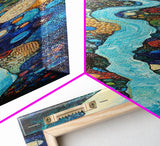 Abstract River, mosaic wall art, blue and green wall art, geometric wall art, whimsical art, framed canvas print, tall narrow art
