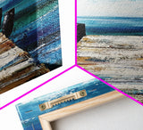 Dock on Water, Coastal Landscape Art, Nautical Wall Art, Seascape Painting, Rustic Decor, Tall Narrow Art, Canvas Print