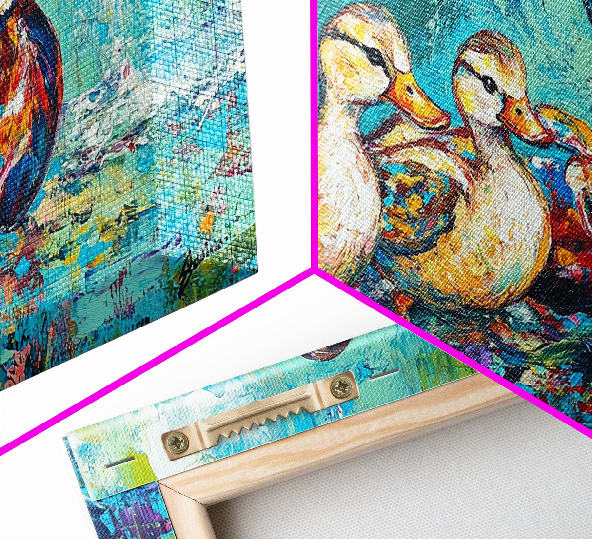 Duck Family, bird art, whimsical art, teal wall art, gift idea for her, landscape painting, extra wide art, Framed Canvas Print