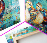 Duck Family, bird art, whimsical art, teal wall art, gift idea for her, landscape painting, extra wide art, Framed Canvas Print