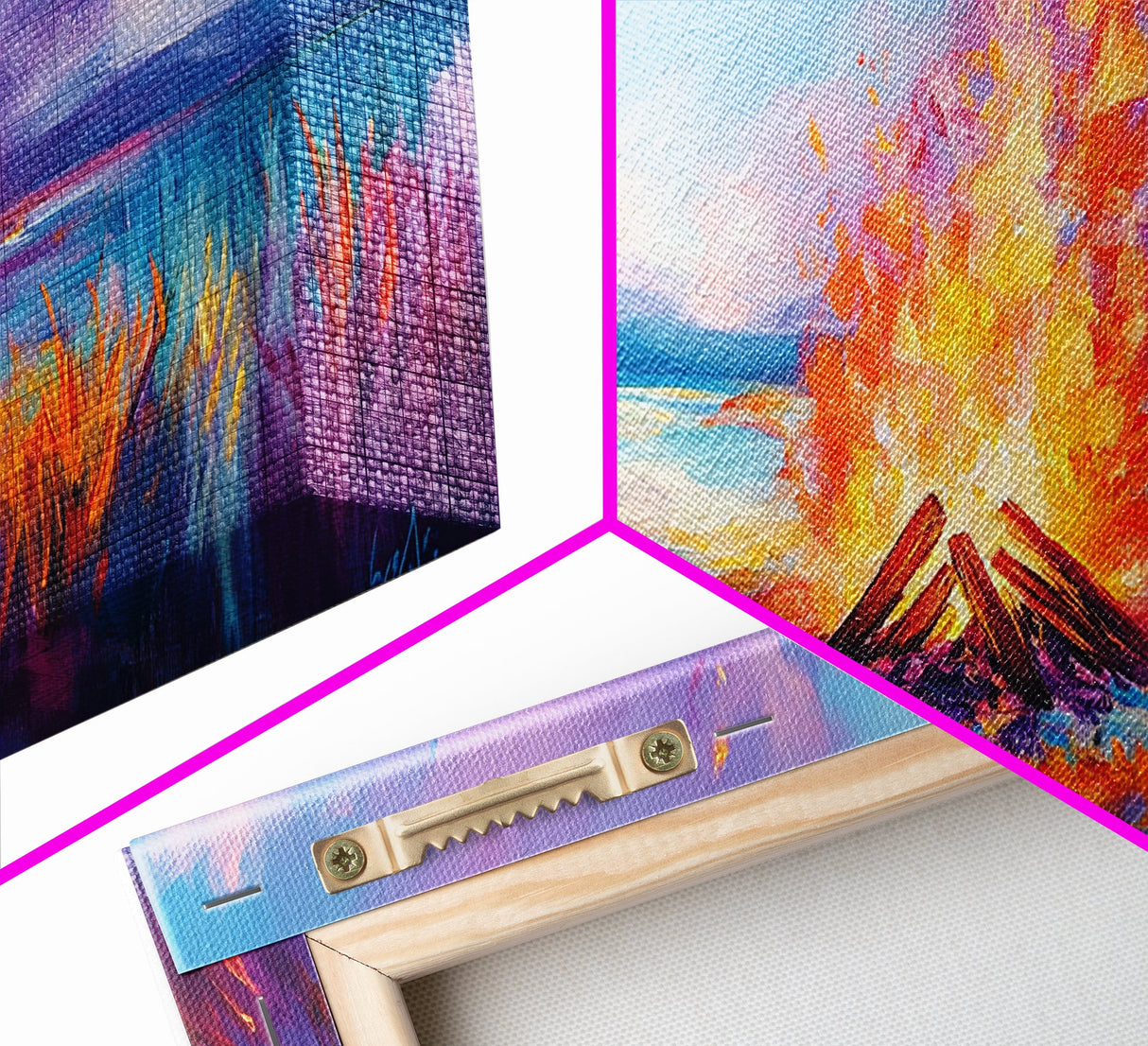 Bonfire at Sunset, Coastal Wall Art, Pink Orange Wall Art, Extra Wide Art, Horizontal Wall Art, Framed Canvas Print, Moody Art