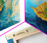 Leaf in Water, blue and green wall art, coastal decor, wabi sabi art, extra wide art, panoramic painting, Canvas Print, gift idea