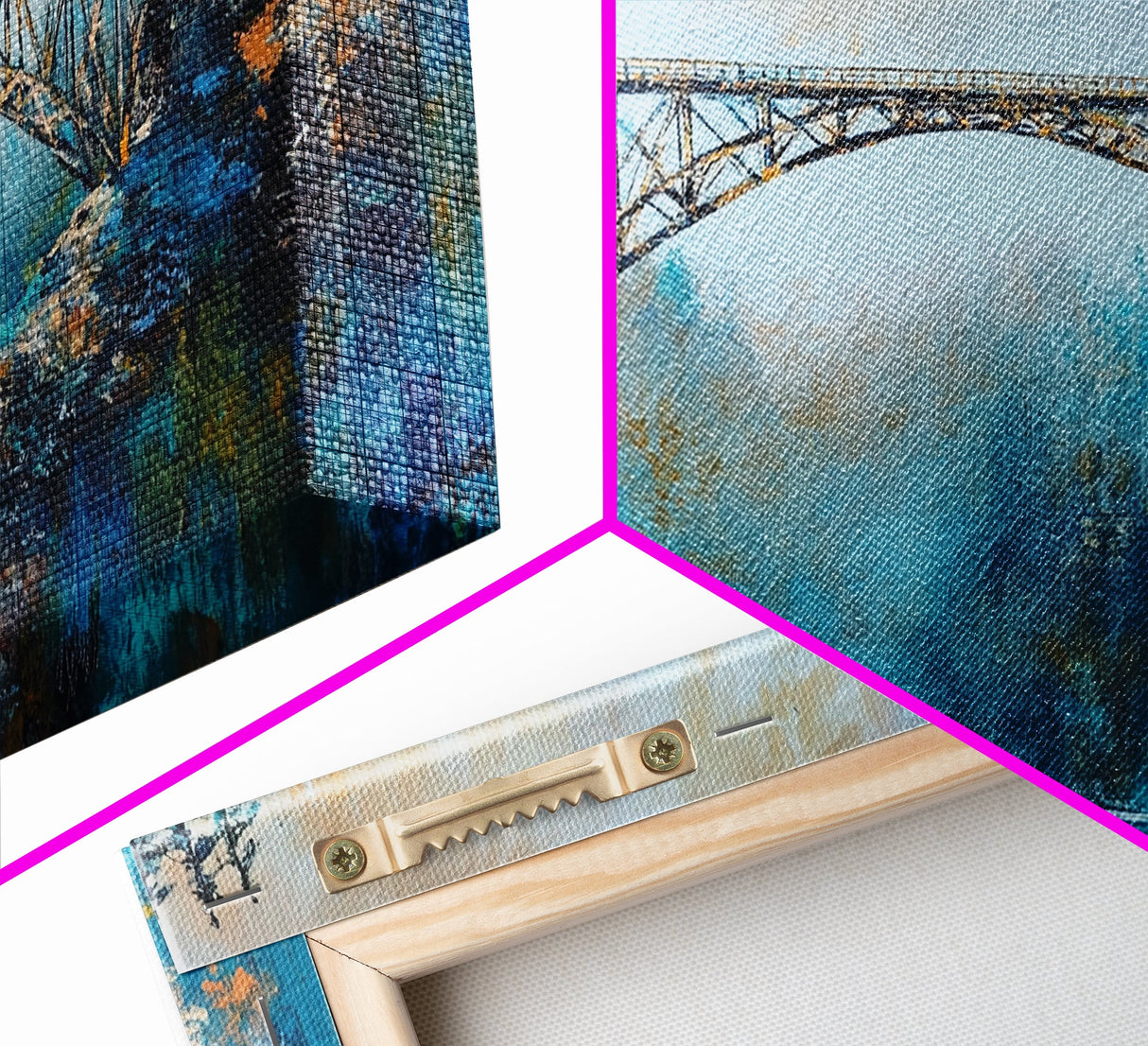 Steel Bridge, landscape painting, mountain painting, panoramic painting, framed canvas print, blue and green wall art