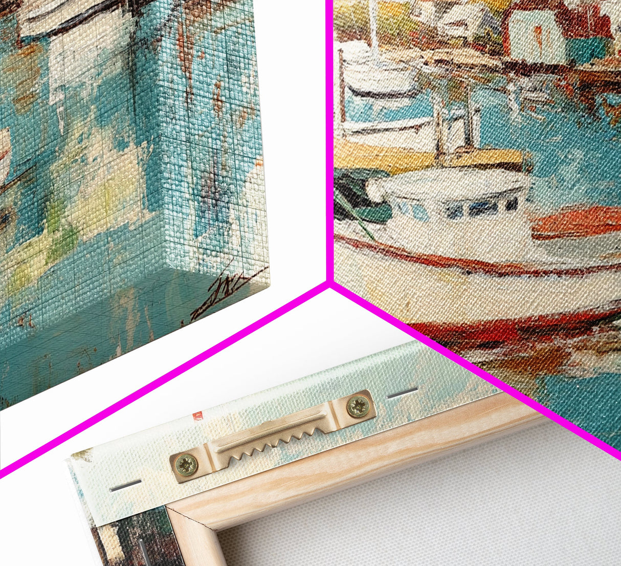 Harbor Boats, Nantucket painting, coastal painting, nautical wall art, fisherman painting, framed canvas print, extra wide art