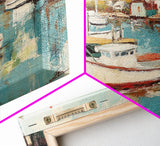 Harbor Boats, Nantucket painting, coastal painting, nautical wall art, fisherman painting, framed canvas print, extra wide art
