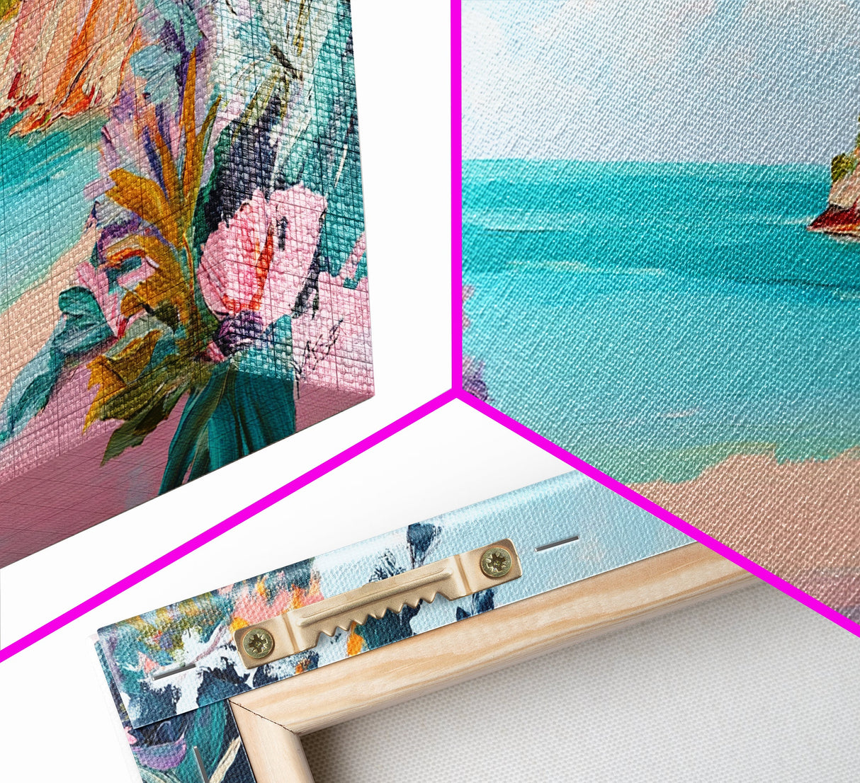 Tropical Beach, coastal wall art, Hawaii art, pink orange wall art, extra wide art, panoramic painting, framed canvas print