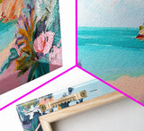 Tropical Beach, coastal wall art, Hawaii art, pink orange wall art, extra wide art, panoramic painting, framed canvas print