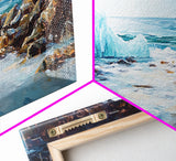 Coastal Ice Cave, Canvas Print, seascape painting, nautical decor, blue and green wall art, landscape painting, extra wide art