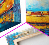 Golden Canoe, Framed Canvas Print, fisherman painting, lake Tahoe art, rustic decor, nautical decor, extra wide art, landscape painting