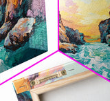 Coastal Canyon Sunset, panoramic painting, extra wide art, framed canvas print, seascape painting, southwest wall art