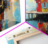 Colorful boathouse, lake reflection, coastal decor, seascape painting, nautical wall art, framed canvas print, extra wide art, gift idea