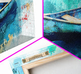 Floating Boat, teal watercolor, impressionist seascape, peaceful ocean, nautical painting, Canvas Print, coastal decor, rustic art