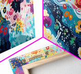 Floral abstract, whimsical art, colorful wildflowers, framed canvas print, botanical prints, pink orange wall art