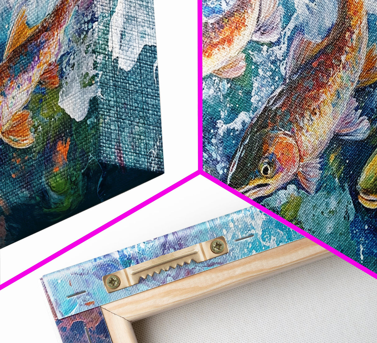 Koi Fish Painting, Framed Canvas Print, fly fishing art, trout art, extra wide painting, colorful fish painting, panoramic art