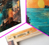 Sunset Seascape, Framed Canvas Print, coastal landscape art, panoramic painting, extra wide painting, above bed art, ocean wall art