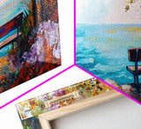 Bench, ocean view, autumn tree, Canvas Print, coastal landscape art, seascape painting, above bed wall art, extra wide art