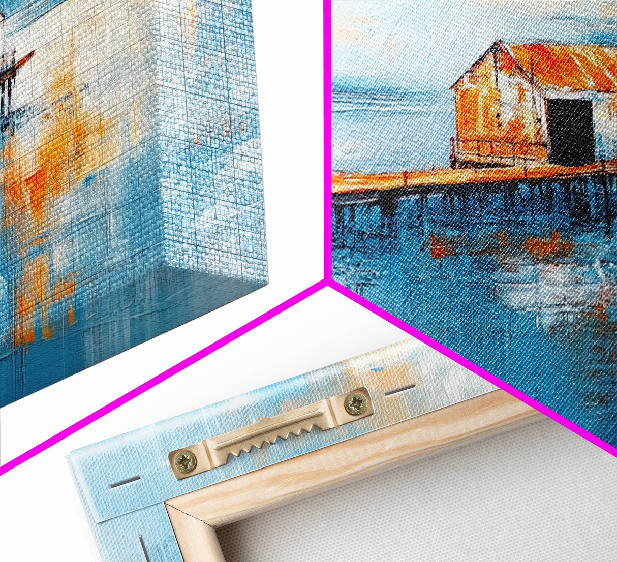 Dock, rustic barn, reflection, Canvas Print, barn landscape oil painting, coastal decor, nautical painting, panoramic art