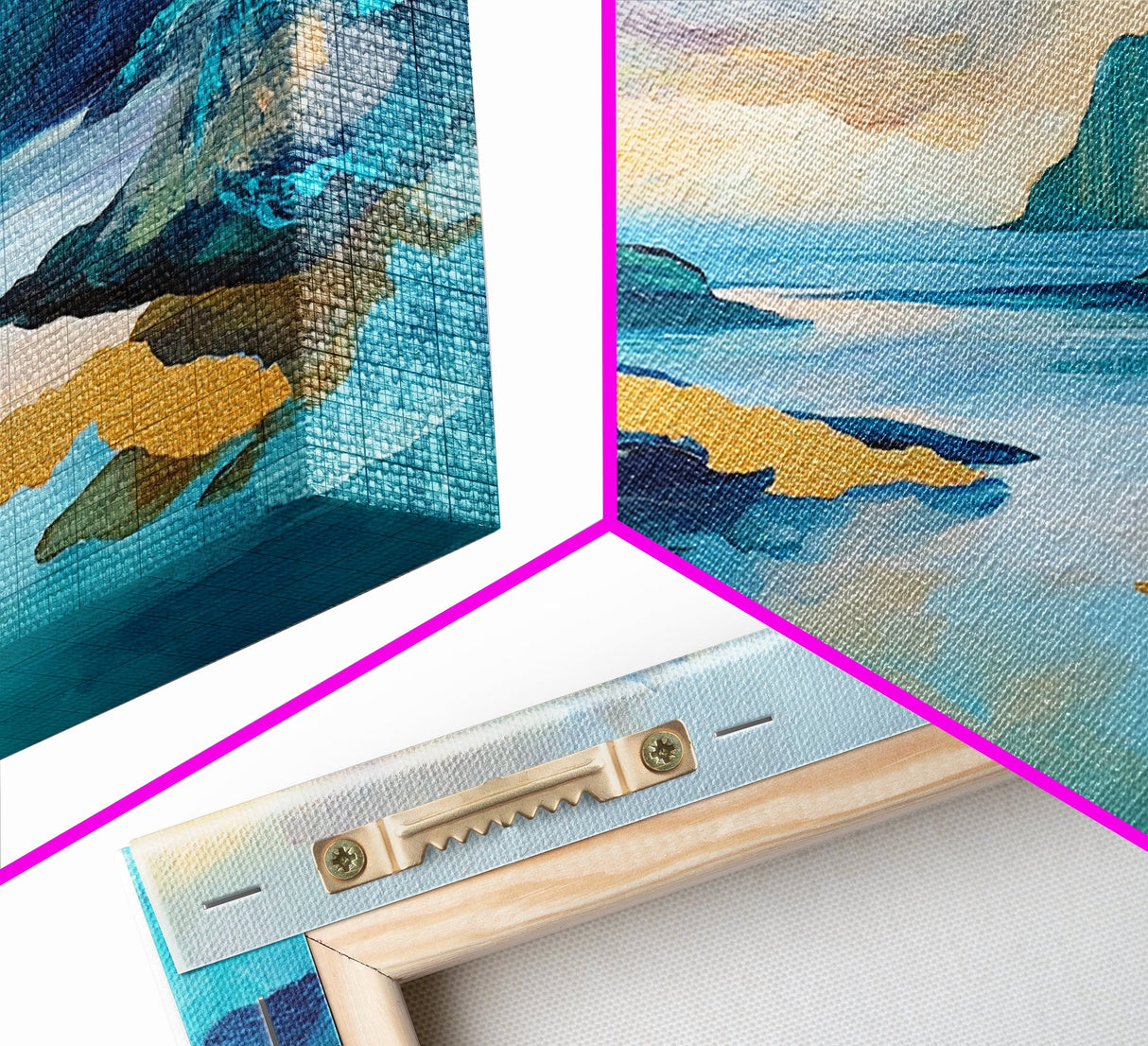Serene Fjord, mountain painting, lake Tahoe art, blue and green wall art, panoramic painting, extra wide art, Framed Canvas Print, above sofa art