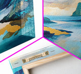 Serene Fjord, mountain painting, lake Tahoe art, blue and green wall art, panoramic painting, extra wide art, Framed Canvas Print, above sofa art