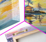 Cabin, Lake, Sunset, Framed Canvas Print, landscape painting, rustic wall art, above bed wall art, pine tree art, above sofa art