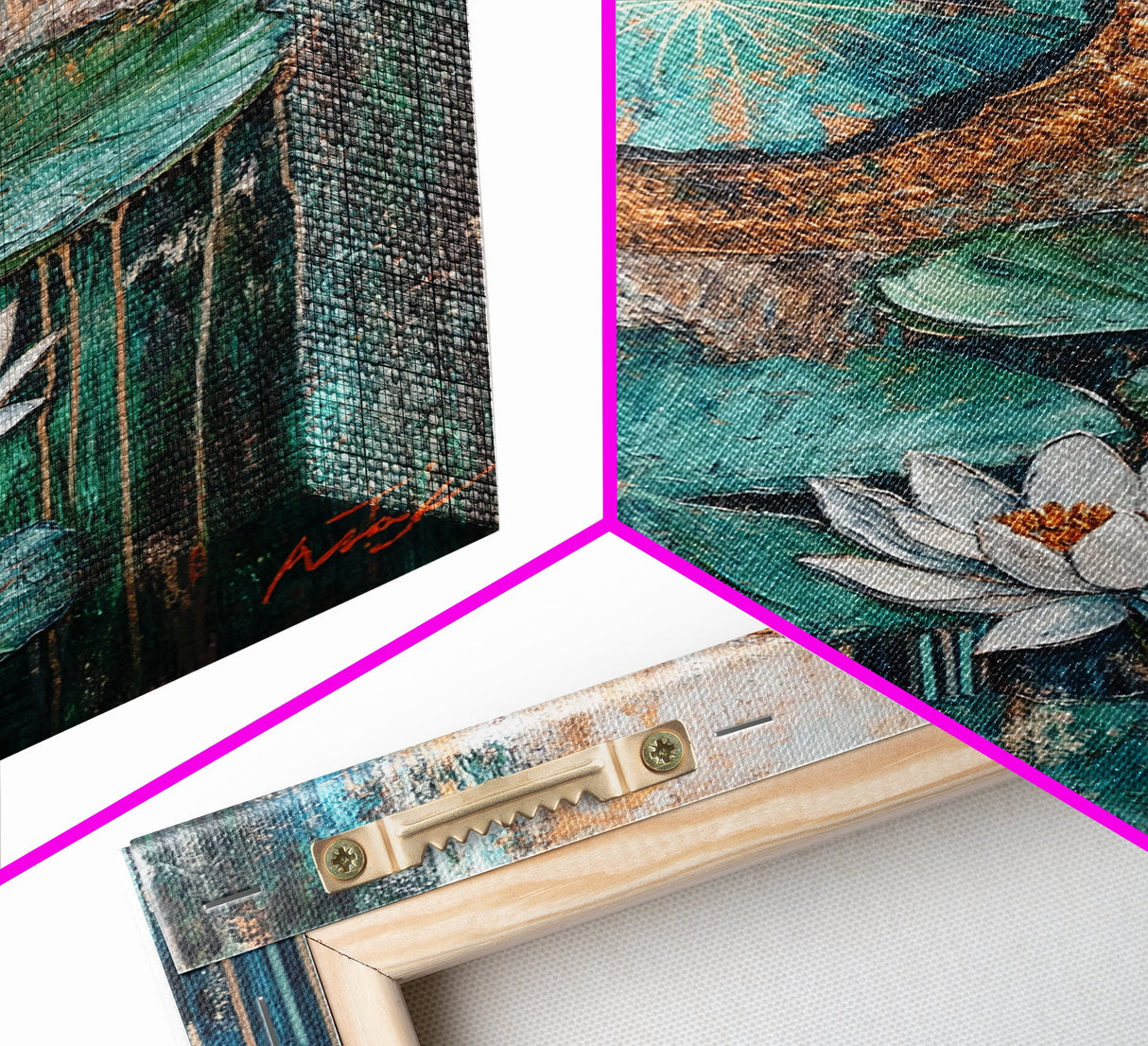 Lotus, Gold, Abstract, Framed Canvas Print, wabi sabi art, mosaic wall art, teal wall art, zen wall art, sacred geometry wall art