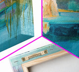 Abstract Landscape, blue and green wall art, horizon painting gray white, rustic art, gift idea for her, Framed Canvas Print