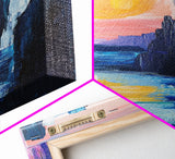 pink orange wall art, sunset painting, abstract landscape painting, blue and green wall art, Framed Canvas Print, boho art, modern decor