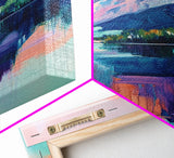landscape painting, pink orange wall art, sunrise painting, modern art, extra wide art, panoramic art, Framed Canvas Print, moody art