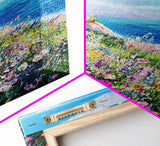 Ocean Cliffside Flowers Framed Canvas Print Coastal Landscape Wall Art, Wildflower Meadow Painting, Beach House Art, Seaside Decor