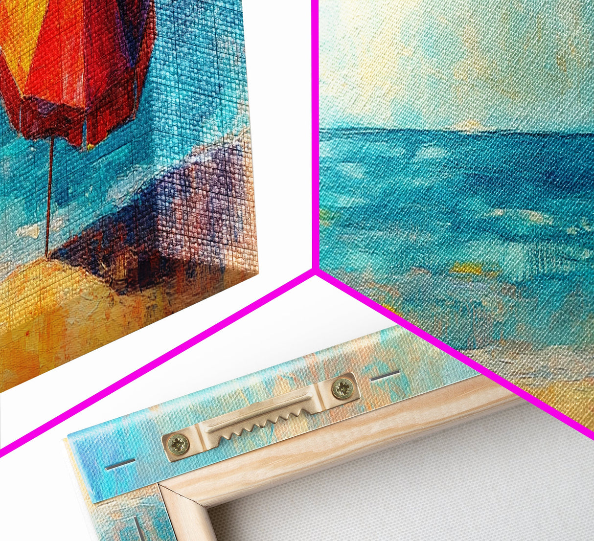 Vibrant Beach Umbrella Painting, Colorful Coastal Ocean Art, Bold Summer Seascape Decor, Bright Living Room, Canvas Print