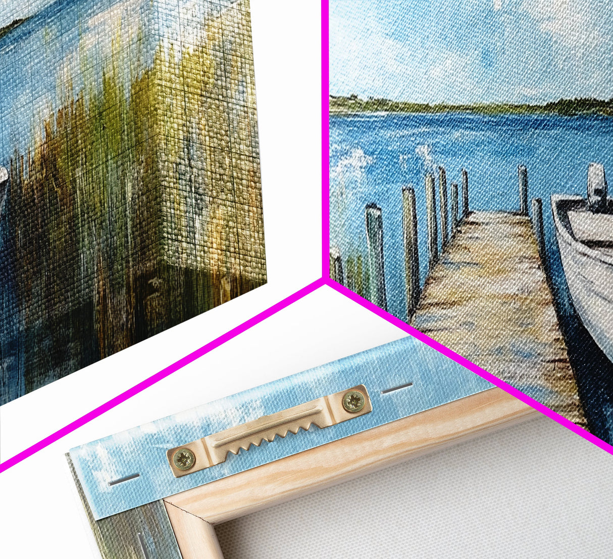 Lakeside Dock Framed Canvas Print Tranquil Waterfront Art Boat Painting Relaxing Cabin Decor Nautical Wall Art Rustic Living Room