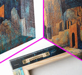 Ancient Ruins Canvas Print Rustic Landscape Wall Art, Mediterranean Decor, Boho Earthy Art, Dark Blue and Orange, Living Room Artwork