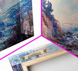 Rocky Shoreline Framed Canvas Print Vibrant Coastal Wall Art, Textured Ocean Scene, Sunset Beach Painting, Modern Boho Decor