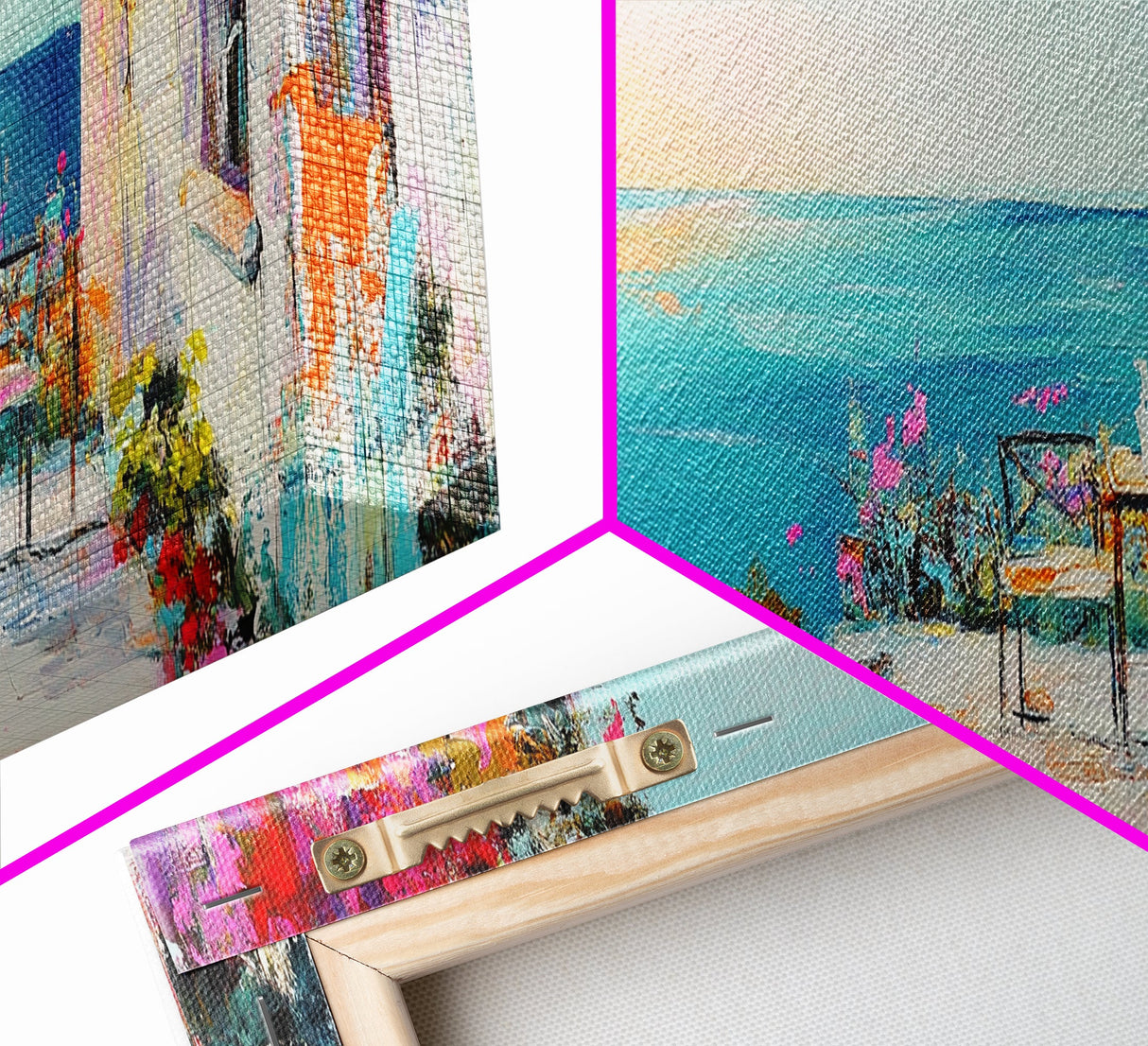 Mediterranean Patio Framed Canvas Print, Coastal Landscape Wall Art, Romantic Seaside Painting, Dining Room Decor, Boho Art