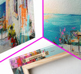 Mediterranean Patio Framed Canvas Print, Coastal Landscape Wall Art, Romantic Seaside Painting, Dining Room Decor, Boho Art