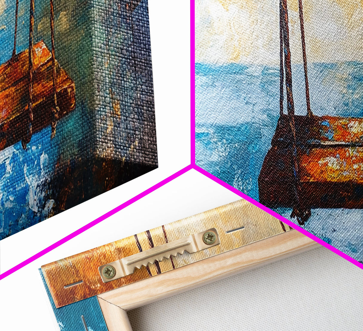 Rustic Wooden Swing by the Ocean, Serene Beach Wall Art, Tranquil Coastal Decor, Dreamy Blue and Gold Painting, Bedroom Artwork